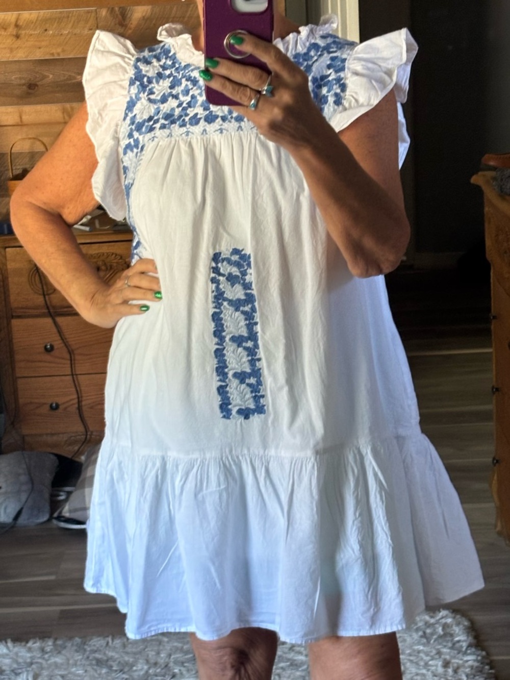 White Mini Dress with Blue Embroidery